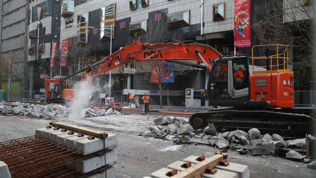 Track works are conducted outside RMIT on Swanston Street.