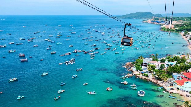 Breathtaking view from the world's largest cable car over the sea in Vietnam on the Phu Quoc Islands.