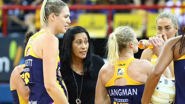 Team talk: Sunshine Coast Lightning coach Noeline Taurura speaks to her team during the grand final.