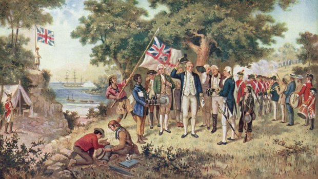 A painting showing Captain James Cook claiming New South Wales for Britain.