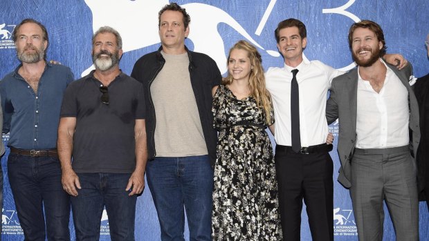 Mel Gibson (second from left), with the cast of <i>Hacksaw Ridge</i>, Hugo Weaving, Vince Vaughn, Teresa Palmer, Andrew Garfield and Luke Bracey at the film's  world premiere at the Venice Film Festival in September.