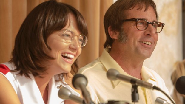 Emma Stone, left, and Steve Carell in a scene from "Battle of the Sexes." 