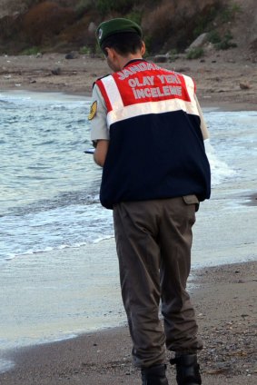 The body of three-year-old Alan Kurdi on the beach near Bodrum, Turkey, last year. 