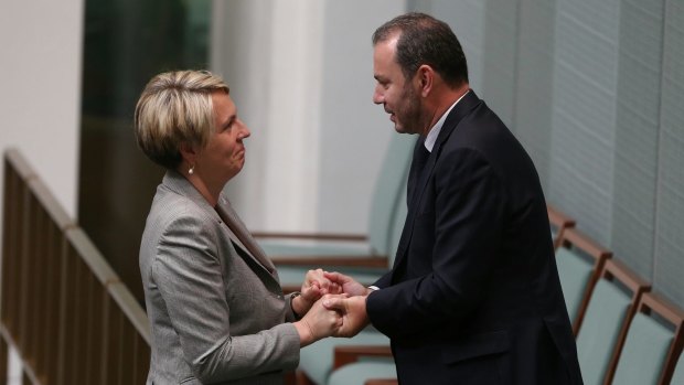 Deputy Opposition Leader Tanya Plibersek greets Lecourtier on his visit to Parliament ten days after the Paris attacks of November 2015. 