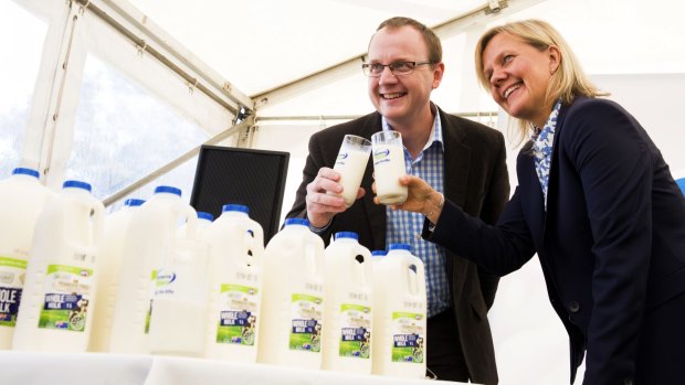 Woolworths executive Ewan Shearer and Fonterra Australia managing director Judith Swales at Fonterra's Cobden beverages plant in Victoria.