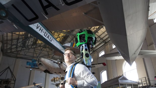 Michael Parry, director of public engagement at the Powerhouse Museum, wearing the Google street view trekker to celebrate the Powerhouse Museum joining the Google Cultural Institute.
