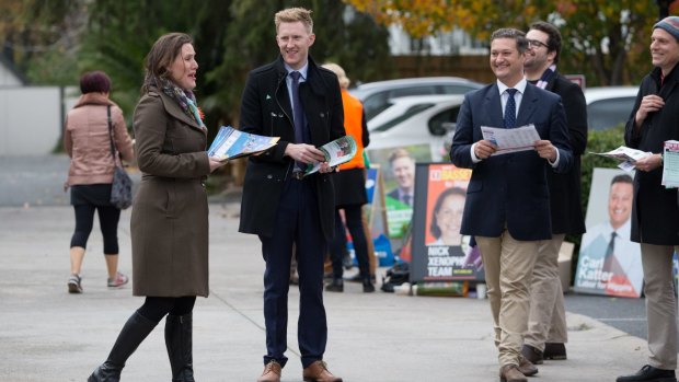 Pre-polling in Higgins: Kelly O'Dwyer with Jason Ball and Karl Katter. 