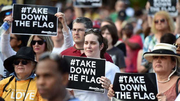 Hundreds of people gather for a protest rally against the Confederate flag in Columbia, South Carolina.