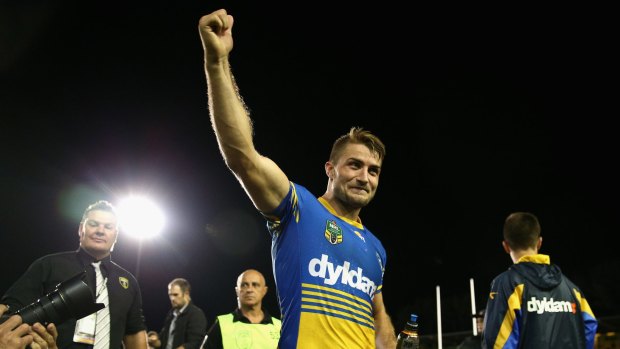 Leader: Kieran Foran of the Eels thanks fans after winning against Manly.