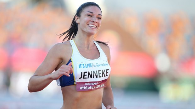 Michelle Jenneke celebrates after coming second in the women's 100m hurdles.