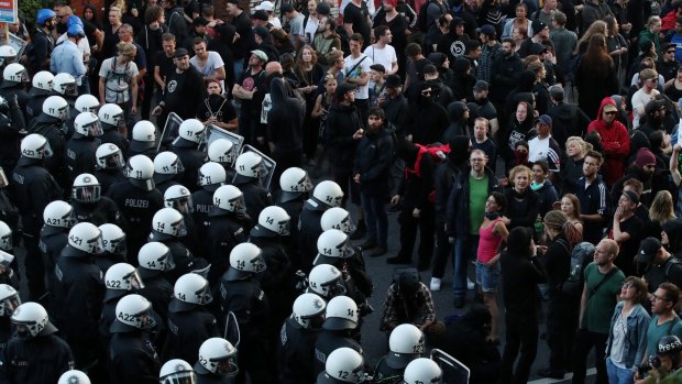German police contain protesters ahead of the G20 in Hamburg, Germany, on Thursday.