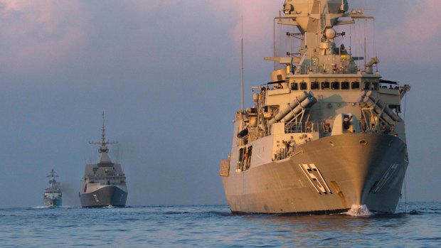 Australia's HMAS Perth, Singapore's RSS Stalwart and Malaysia's KD Kasturi in a joint exercise in 2015.