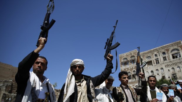 Shiite fighters known as Houthis in the Yemeni capital Sanaa. A Saudi commander has suggested the rebels might have been behind the attack on the hospital.