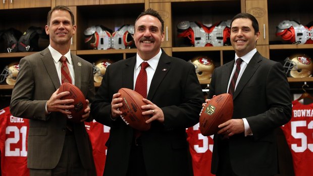 Power trio: 49ers CEO Jed York, right, with general manager Trent Baalke and coach Jim Tomsula.