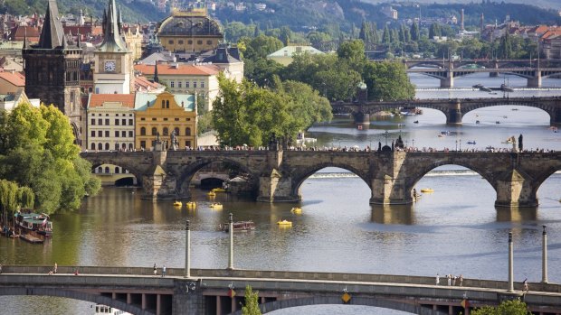 Charles Bridge on Vltava River in Prague.