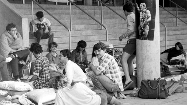 Fans camp outside the Sydney Entertainment Centre for Bruce Springsteen tickets, 17 February 1985.