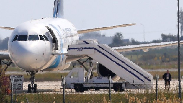 The hijacked Egyptair aircraft at Larnaca airport on Tuesday.