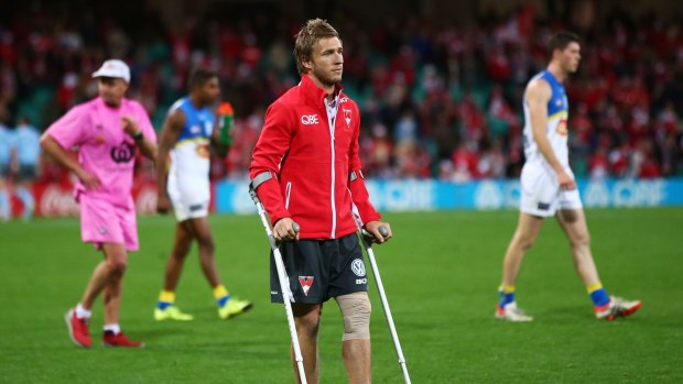 Sidelined: Kieren Jack on crutches after sustaining an injury at the weekend.