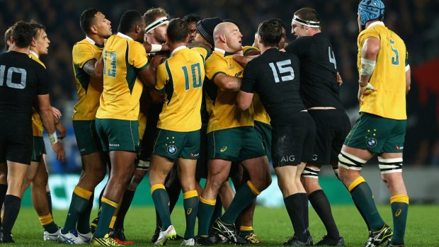 Beanie in the middle: Liam Messam gets involved in the altercation during the Bledisloe Cup match between the New Zealand All Blacks and the Australian Wallabies at Eden Park.