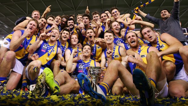 Williamstown Seagulls players celebrate with the cup.