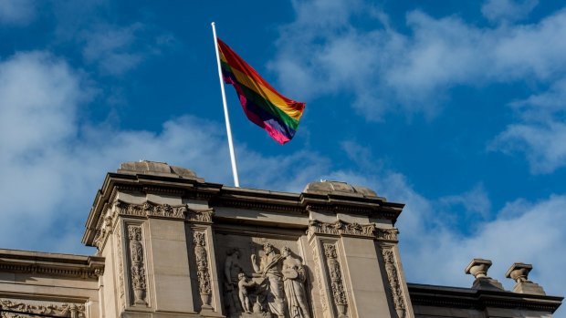 A rainbow flag atop Victorian Parliament House last year.