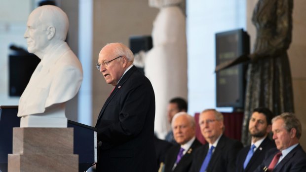 Former vice-president Dick Cheney in 2015, during the unveiling of his marble bust. From left, listening are Utah Senator Orrin Hatch, Kentucky Senator Mitch McConnell, House Speaker Paul Ryan and former president George W. Bush.