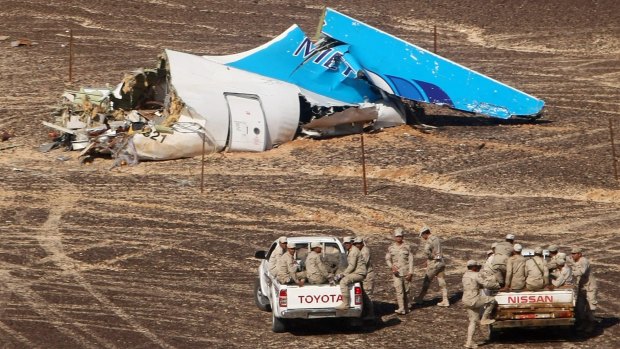 Wreckage of the downed Russian Metrojet plane.