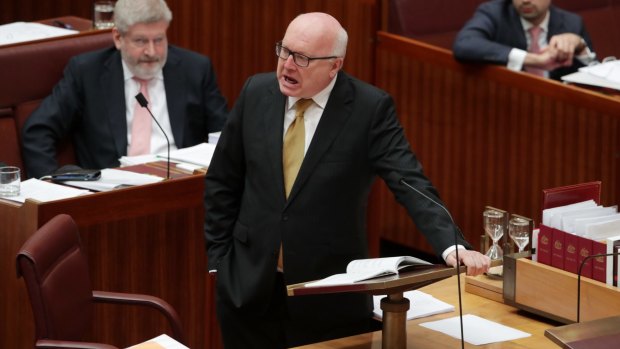 Attorney-General George Brandis attacks Pauline Hanson for wearing the burqa in the Senate.