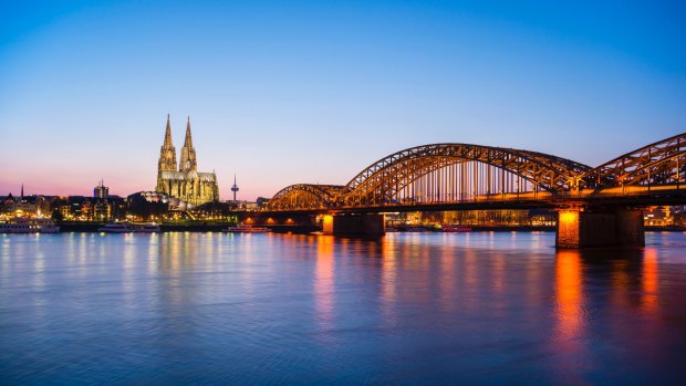 The twin spires of Cologne cathedral on the River Rhine.