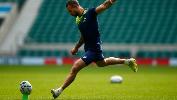 Recall:  Quade Cooper practises his kicking during Australia's Captain's Run ahead of the 2015 Rugby World Cup Quarter Final.