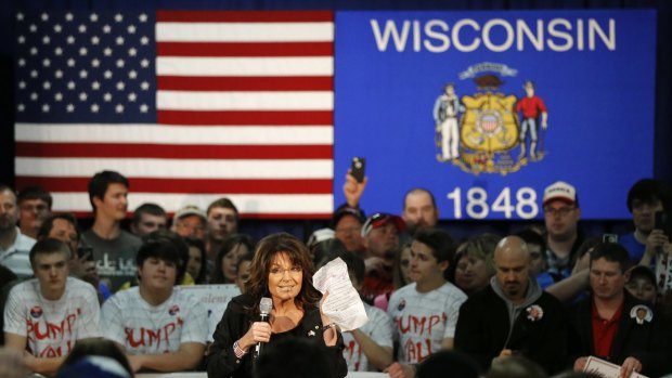 Former Alaska governor Sarah Palin in Wisconsin campaigning for Donald Trump.