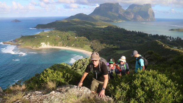 Lord Howe Island's Seven Peaks Walk: Malabar Hill overlooking Neds Beach with Lidgbird and Gower in the background.