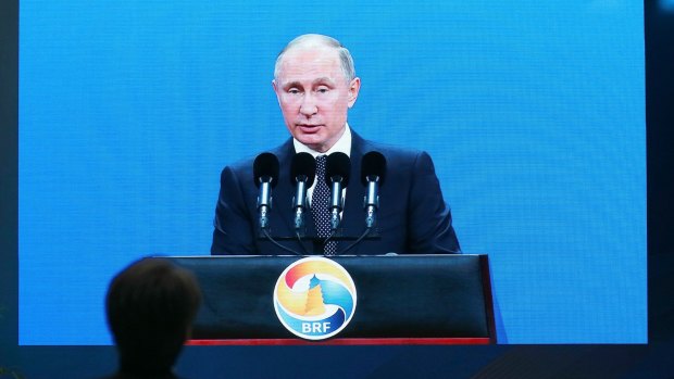 Russian President Vladimir Putin gives a speech at the opening ceremony of the Belt and Road Forum.