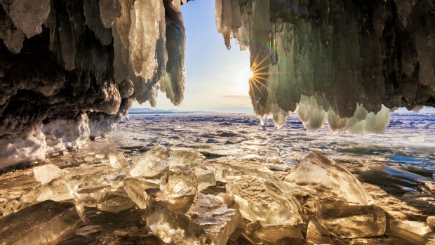 The view from the ice grotto at sunrise, Lake Baikal.