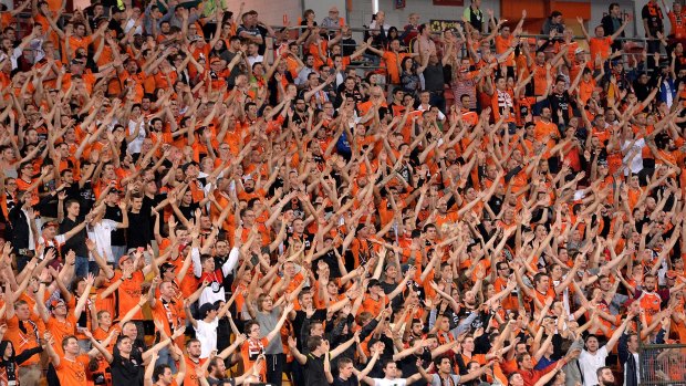 Fanatical: Roar fans show their support during the A-League elimination final match between the Brisbane Roar and Melbourne Victory at Suncorp Stadium.