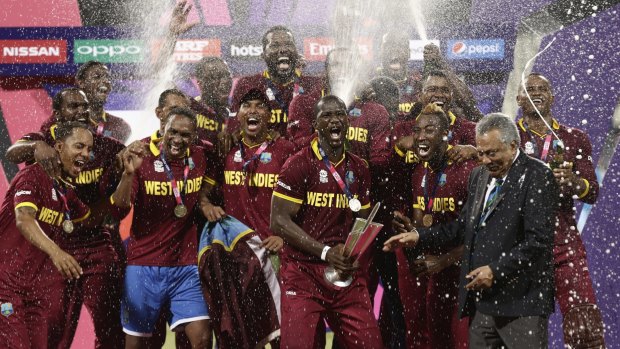 The West Indies celebrate their World Twenty20 triumph in April.