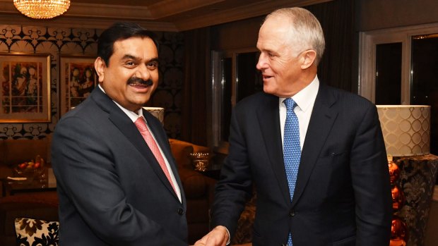 Prime Minister Malcolm Turnbull with India's Adani Group founder and chairman Gautam Adani.