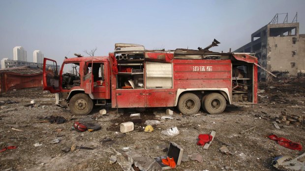 An abandoned fire truck at the blast site in Tianjin.