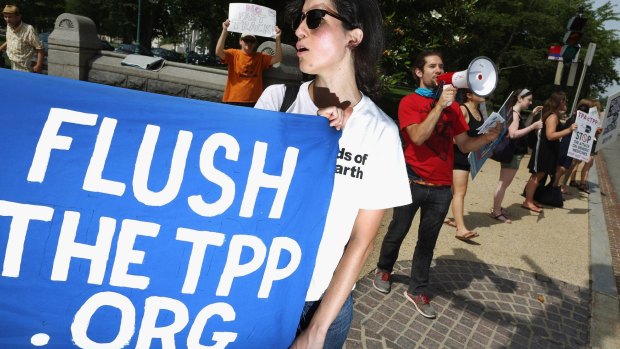 Demonstrators protest against the Trans-Pacific Partnership trade agreement outside the Senate office buildings on Capitol Hill.