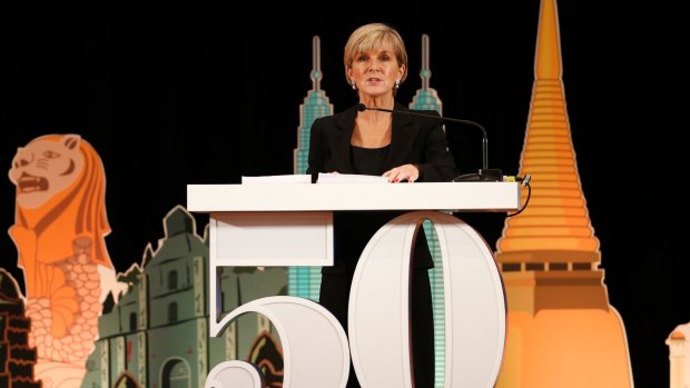 Julie Bishop delivers her keynote speech during a ceremony marking the 50th anniversary of ASEAN in Bangkok.