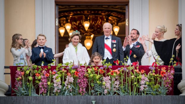 Norway's Queen Sonja and King Harald with their family. Prince Sverre Magnus is second from right.