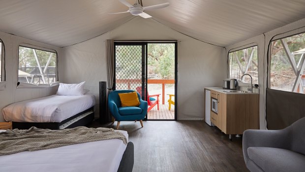 Inside one of the glamping rooms at Port Stephens Koala Sanctuary.