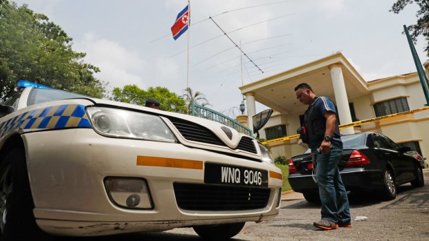 Police car blocked the entrance of North Korean embassy in Kuala Lumpur, Malaysia.