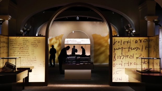 Exhibits are readied inside the Museum of the Bible ahead of its opening.