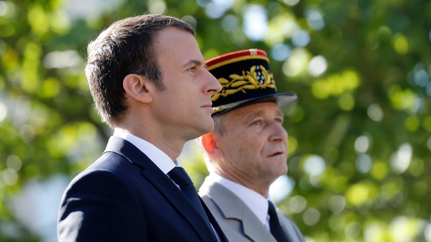 French President Emmanuel Macron and General Pierre de Villiers  during the annual Bastille Day military parade on the Champs Elysees avenue in Paris. 
