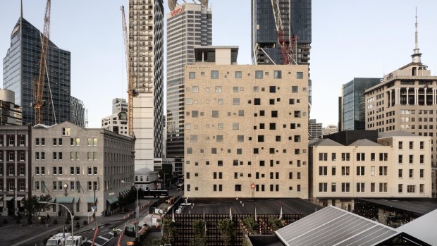 Hotel Britomart's austere brick exterior.