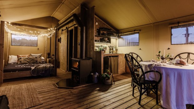 Nashdale Lane's two spacious Dutch glamping tents (Rustig and Kalmte) have four-poster queen beds, modern ensuite bathrooms, kitchenettes and outdoor decks with barbecues.