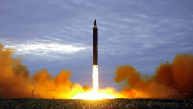 The test launch of a Hwasong-12 intermediate range missile in Pyongyang, North Korea, in August.