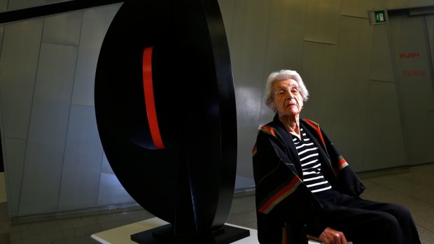 Inge King at her exhibition at the NGV Federation Square in 2014.