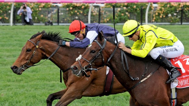 Repeat on the cards: Almandin, ridden by jockey Kerrin McEvoy, leads the field to win the 2016 Melbourne Cup.